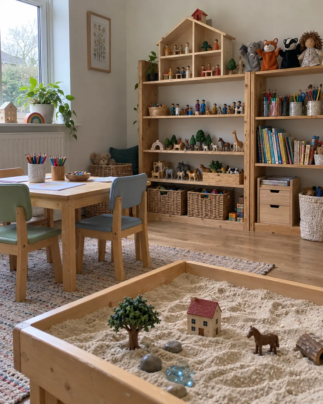 A children's counselling playroom with a sand tray, a small table and chairs, and shelves of figures, animals, puppets and books