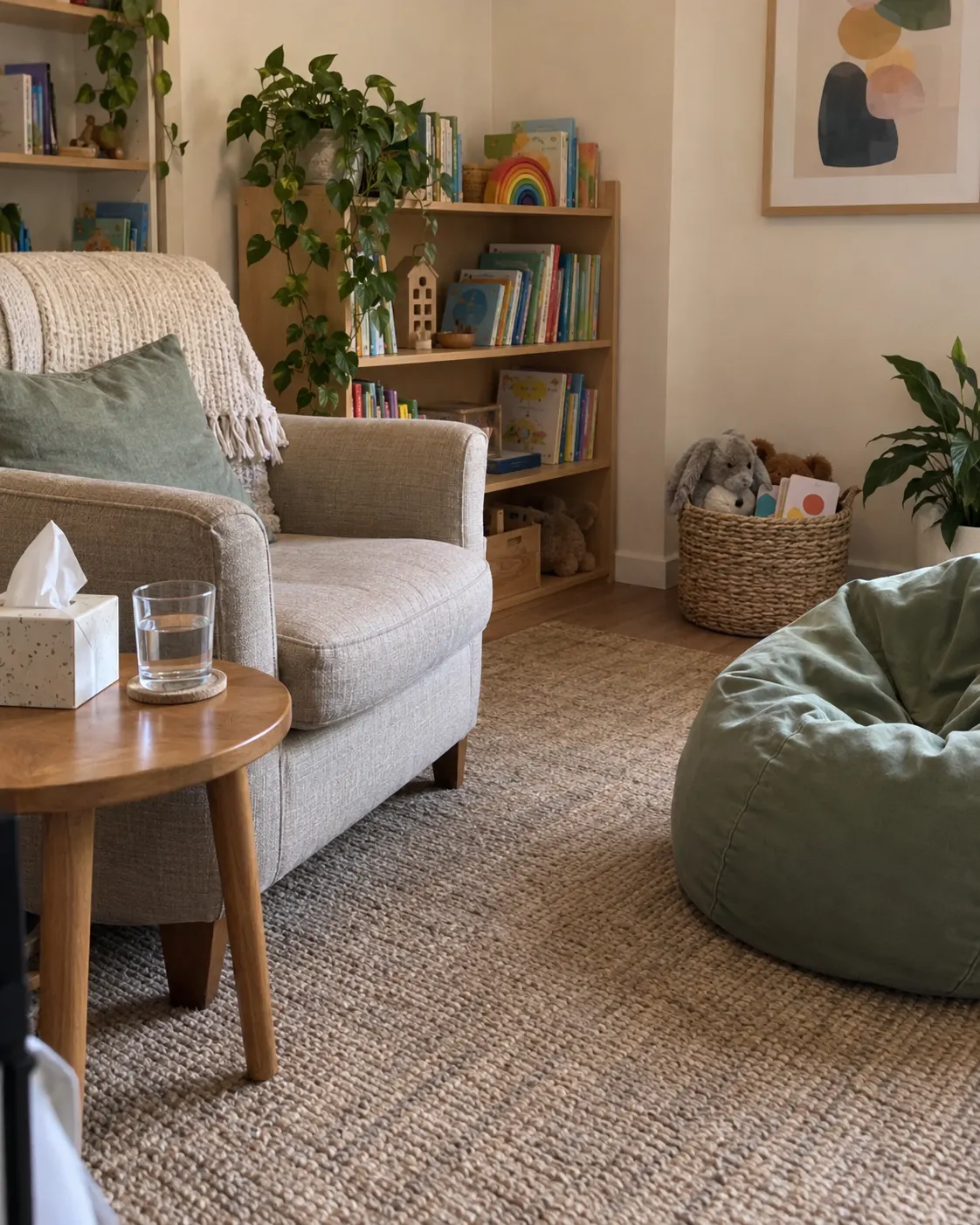 A quiet counselling corner with an armchair, a green beanbag and shelves of children's books