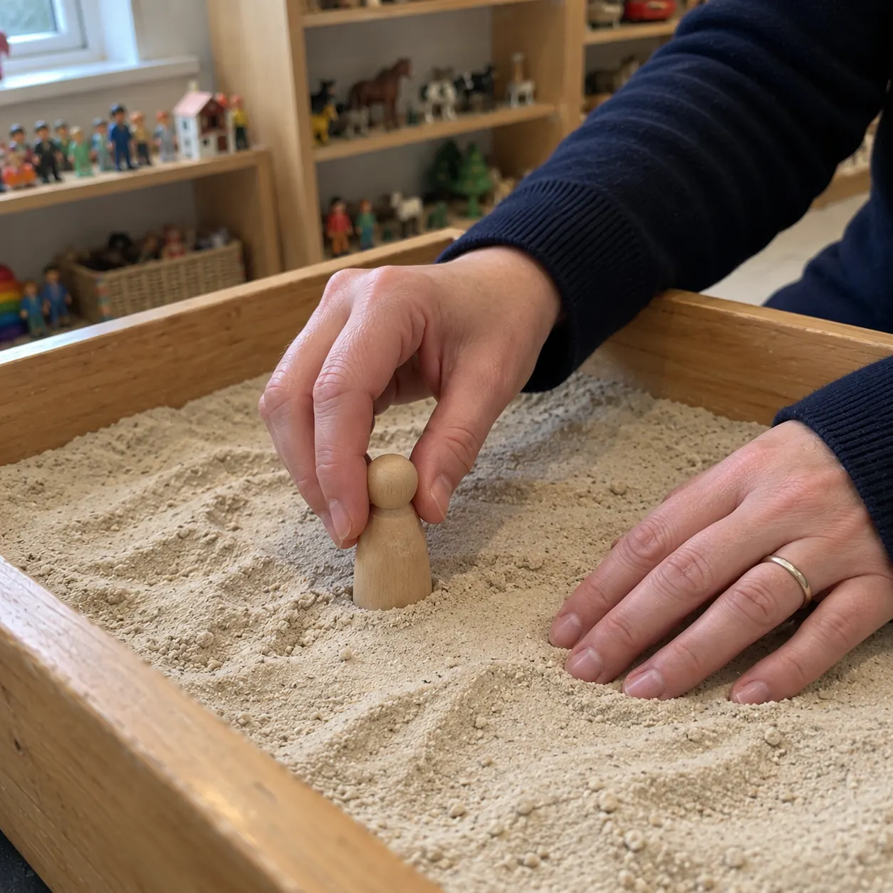 Hands placing a small wooden figure in a sand tray